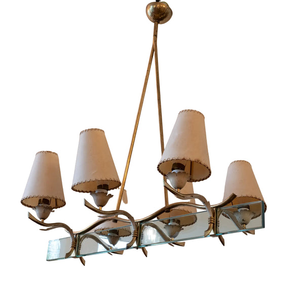 An Italian Brass and Glass Six-Light Chandelier, in the manner of Fontana Arte