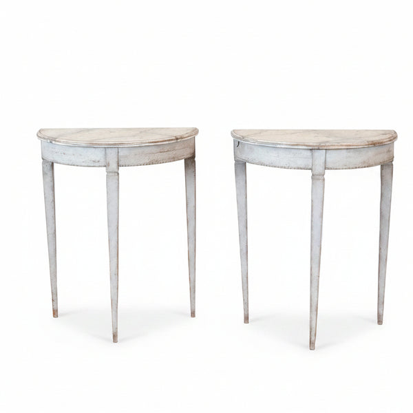 Pair of Gustavian Style Demilune Side Tables with a Faux Marble Top