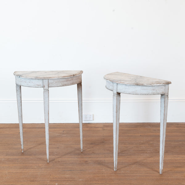 Pair of Gustavian Style Demilune Side Tables with a Faux Marble Top