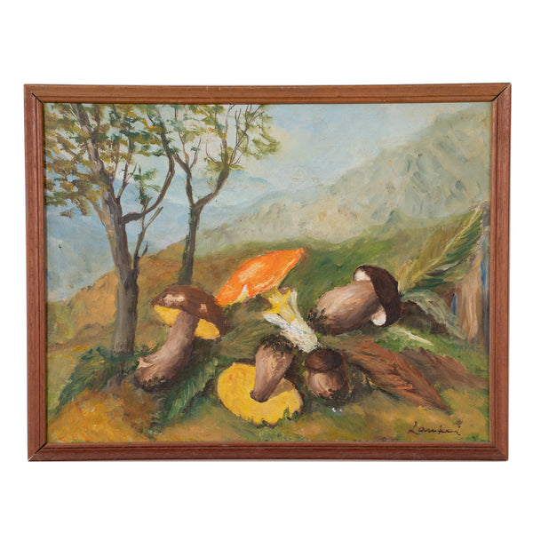 Signed Laurenti — Still Life with Wild Mushrooms in a Mountain Landscape