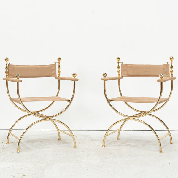 Pair of Mid Century Gilt Brass Curule Chairs