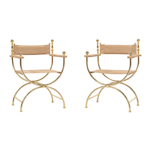 Pair of Mid Century Gilt Brass Curule Chairs