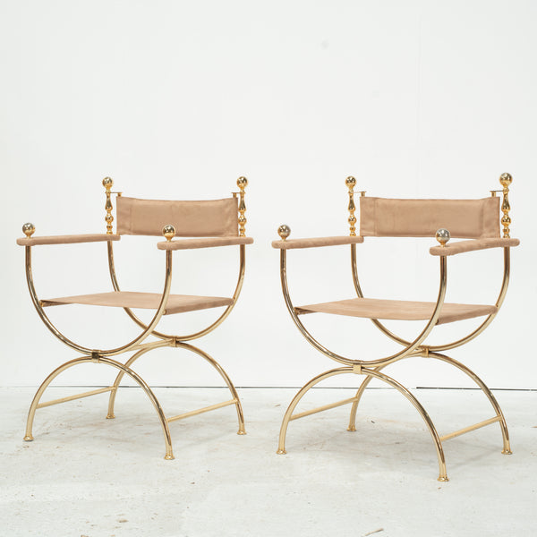 Pair of Mid Century Gilt Brass Curule Chairs