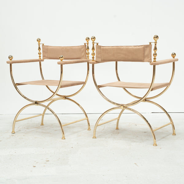 Pair of Mid Century Gilt Brass Curule Chairs