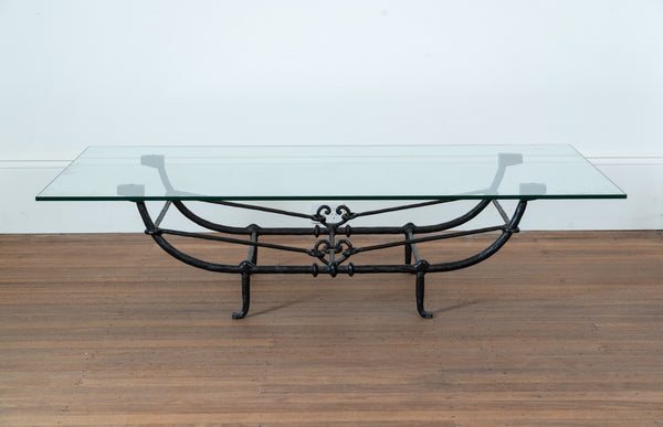 A Patinated Hand-Forged Iron and Glass Low Table, after Diego Giacometti, Produced by Paul Ferrante,