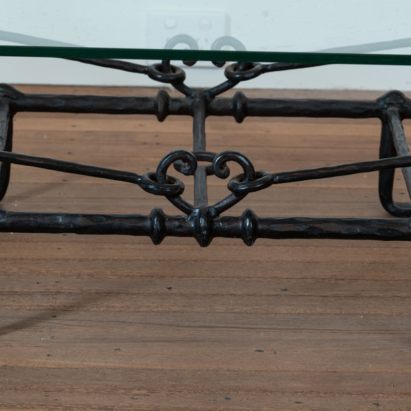 A Patinated Hand-Forged Iron and Glass Low Table, after Diego Giacometti, Produced by Paul Ferrante,