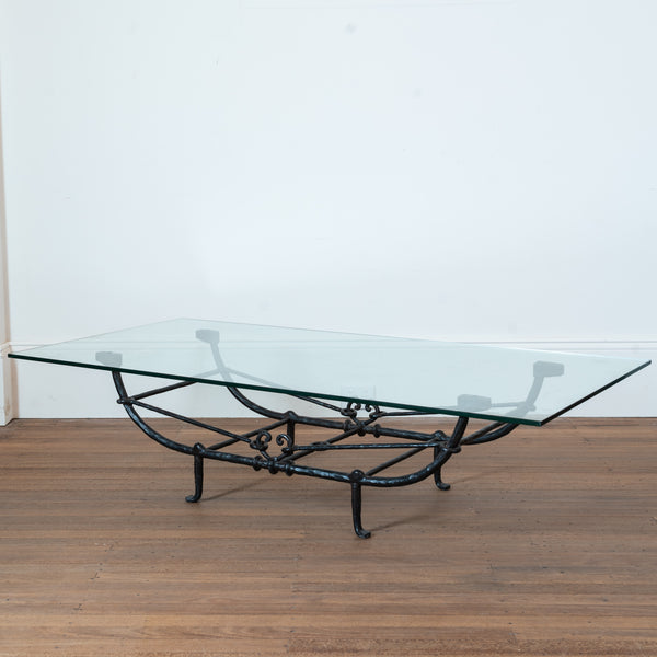 A Patinated Hand-Forged Iron and Glass Low Table, after Diego Giacometti, Produced by Paul Ferrante,