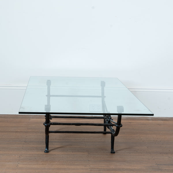 A Patinated Hand-Forged Iron and Glass Low Table, after Diego Giacometti, Produced by Paul Ferrante,
