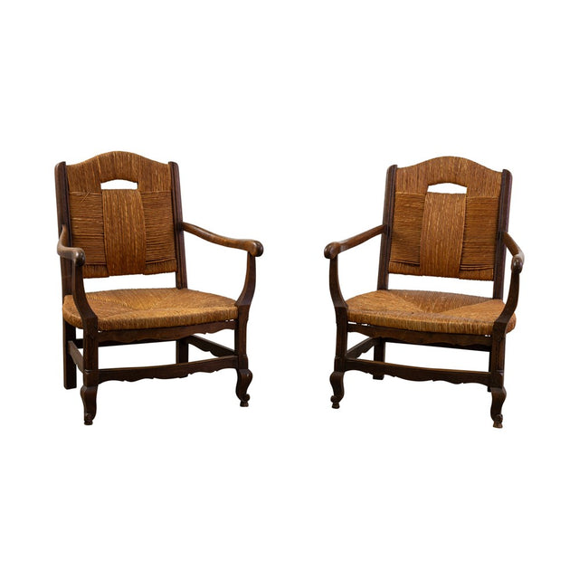 Pair of Low Rush Caned Armchairs from the 1950s