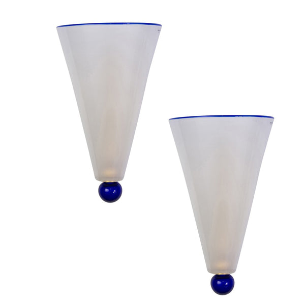 Pair of Conic form Wall Sconces in Blue And Frosted Glass by Murano Due