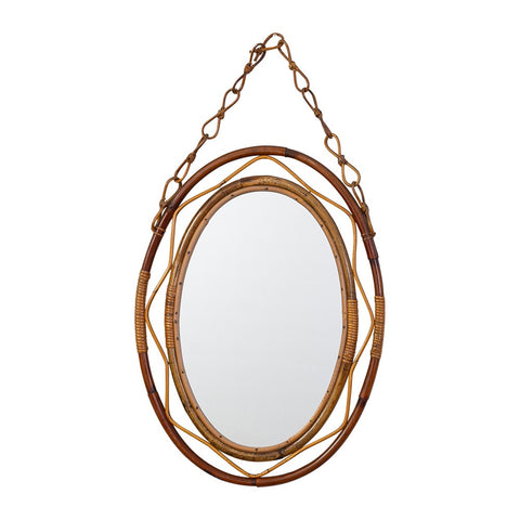 A 1970s Oval Wicker Mirror with wicker Chain