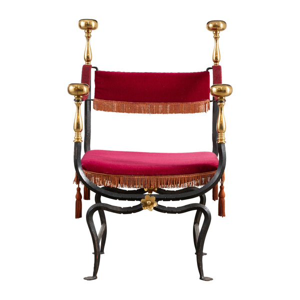 Wrought Iron and Brass Curule Savonarola Chair Mid 20th Century