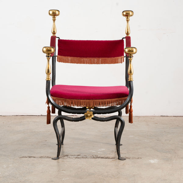 Wrought Iron and Brass Curule Savonarola Chair Mid 20th Century