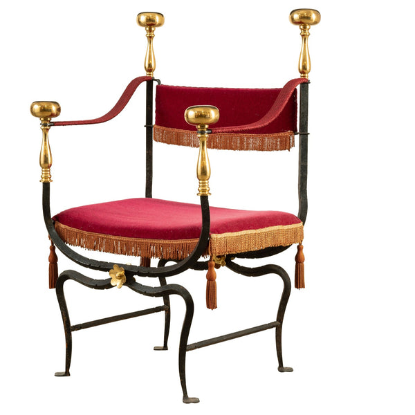 Wrought Iron and Brass Curule Savonarola Chair Mid 20th Century