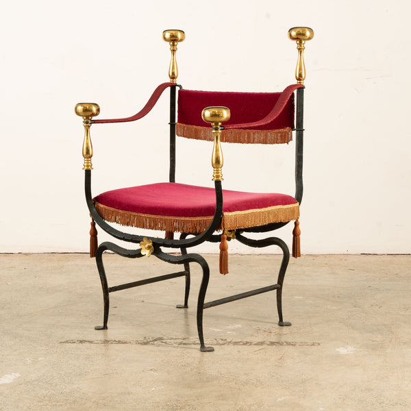Wrought Iron and Brass Curule Savonarola Chair Mid 20th Century
