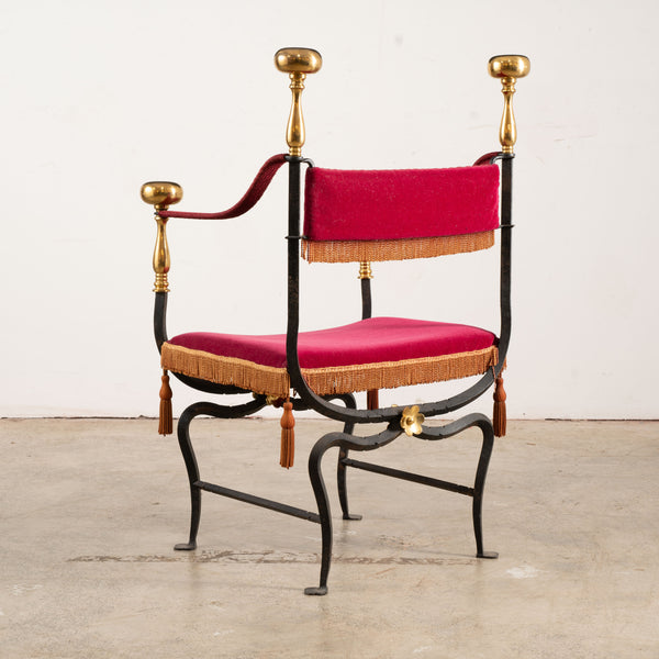 Wrought Iron and Brass Curule Savonarola Chair Mid 20th Century