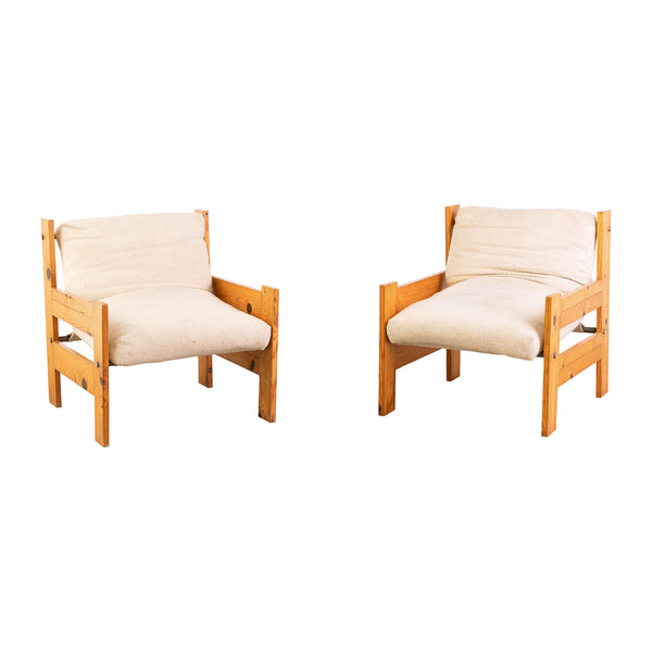 Pair of Vintage Scandinavian Pine Armchairs with Slung Cushions