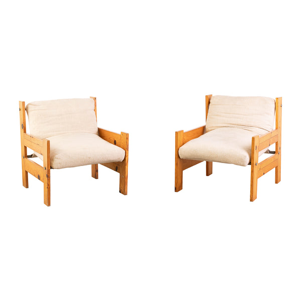 Pair of Vintage Scandinavian Pine Armchairs with Slung Cushions