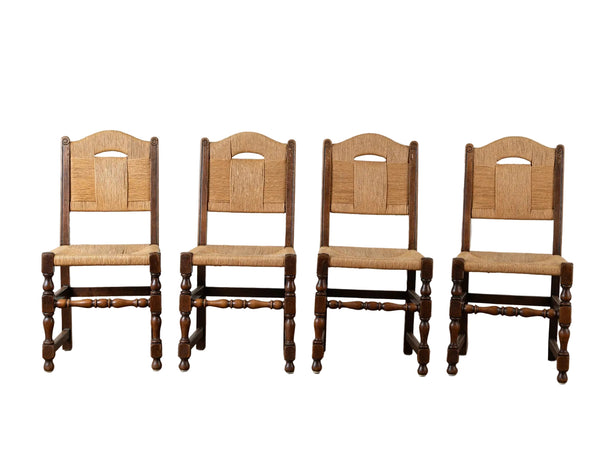 A Set of Eight French Oak and Rush Dining Chairs