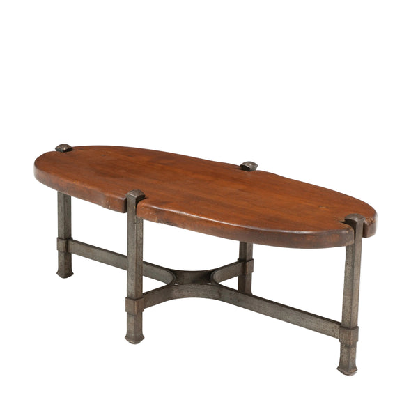 1970s Brutalist Wrought Iron and Oak Coffee Table