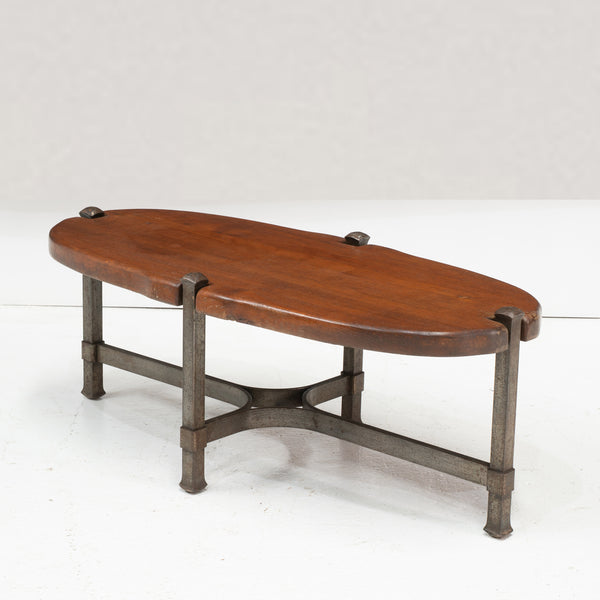 1970s Brutalist Wrought Iron and Oak Coffee Table