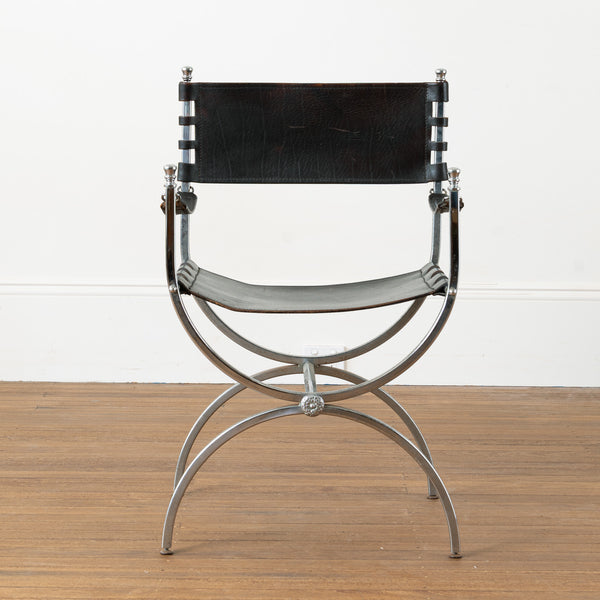 A Chrome and Black Leather Curule Armchair in The Manner of Maison Jansen