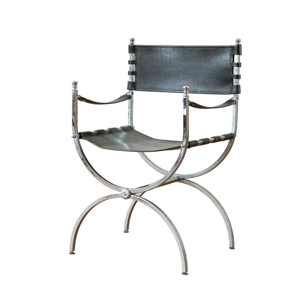 A Chrome and Black Leather Curule Armchair in The Manner of Maison Jansen