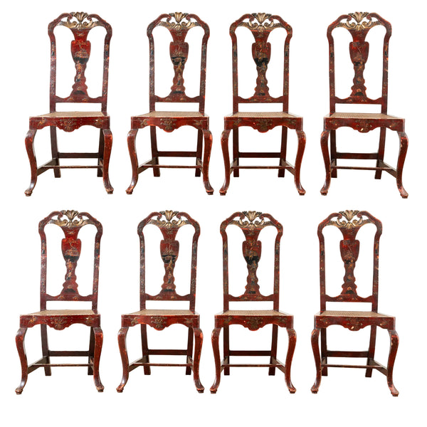 A Set of Eight Antique Queen Anne Style Red-Lacquered and Gilt Chinoiserie Side Chairs