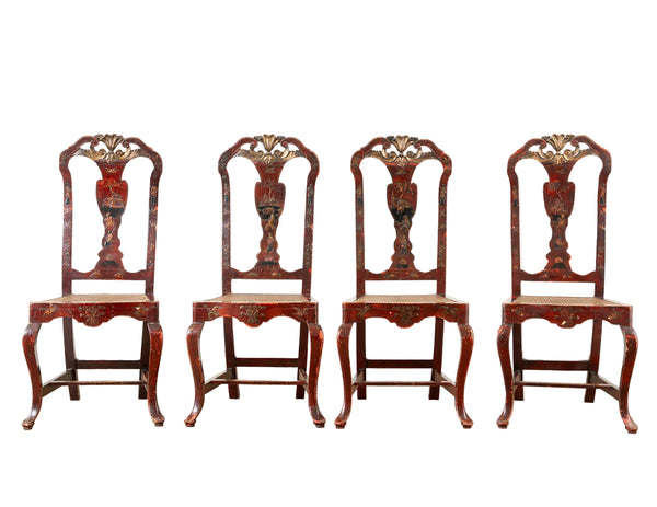 A Set of Eight Antique Queen Anne Style Red-Lacquered and Gilt Chinoiserie Side Chairs