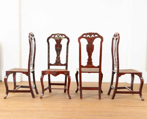 A Set of Eight Antique Queen Anne Style Red-Lacquered and Gilt Chinoiserie Side Chairs