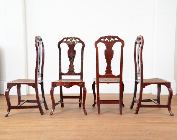 A Set of Eight Antique Queen Anne Style Red-Lacquered and Gilt Chinoiserie Side Chairs
