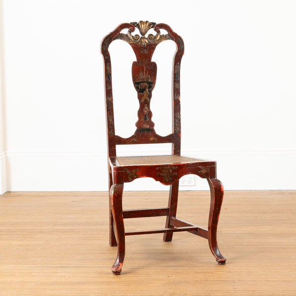 A Set of Eight Antique Queen Anne Style Red-Lacquered and Gilt Chinoiserie Side Chairs