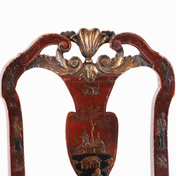 A Set of Eight Antique Queen Anne Style Red-Lacquered and Gilt Chinoiserie Side Chairs