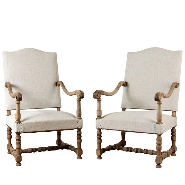 Pair of Bleached Walnut Louis XIII Style Armchairs