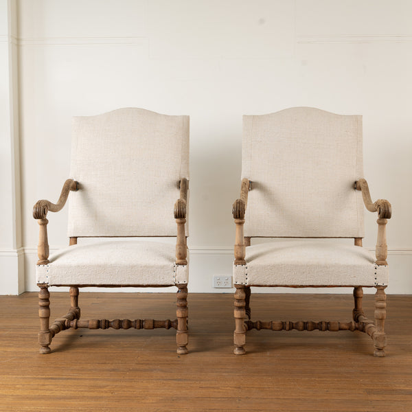 Pair of Bleached Walnut Louis XIII Style Armchairs