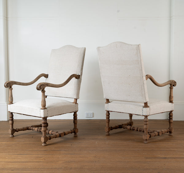Pair of Bleached Walnut Louis XIII Style Armchairs