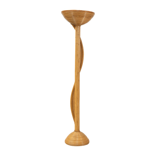 Tall, wavy-patterned wooden lamp on a white background