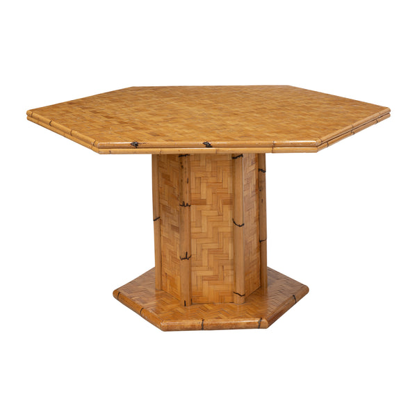 French Hexagonal Bamboo and Cane Pedestal Table
