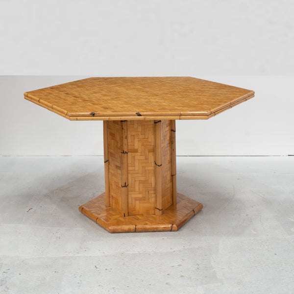 French Hexagonal Bamboo and Cane Pedestal Table