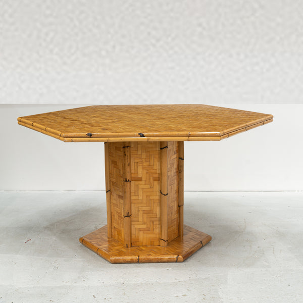 French Hexagonal Bamboo and Cane Pedestal Table