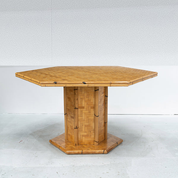 French Hexagonal Bamboo and Cane Pedestal Table