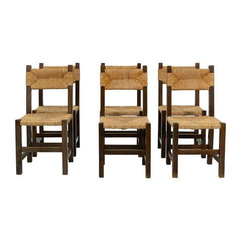 Set of 6 1950s Rush Side Chairs in the Manner of Charlotte Perriand