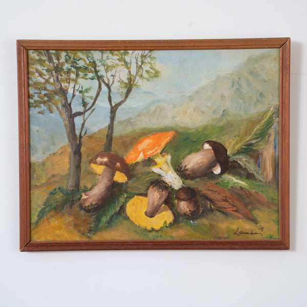 Signed Laurenti — Still Life with Wild Mushrooms in a Mountain Landscape