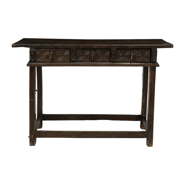 17th Century Spanish Walnut Console with Geometric Carved Drawers