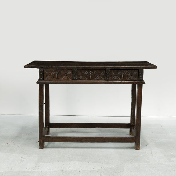17th Century Spanish Walnut Console with Geometric Carved Drawers