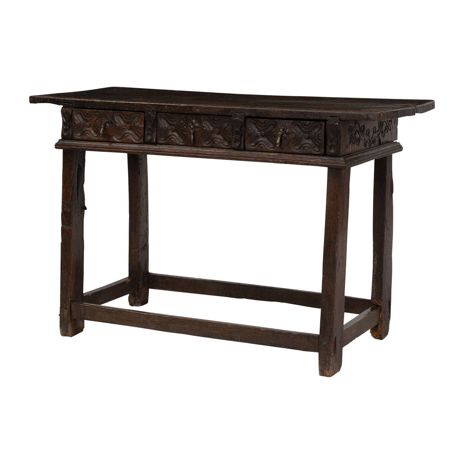 17th Century Spanish Walnut Console with Geometric Carved Drawers