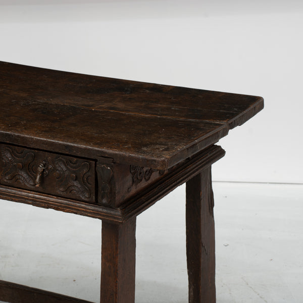 17th Century Spanish Walnut Console with Geometric Carved Drawers
