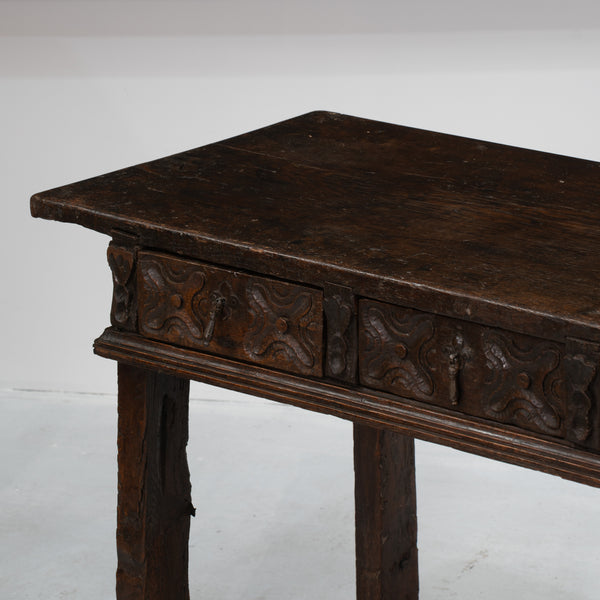 17th Century Spanish Walnut Console with Geometric Carved Drawers