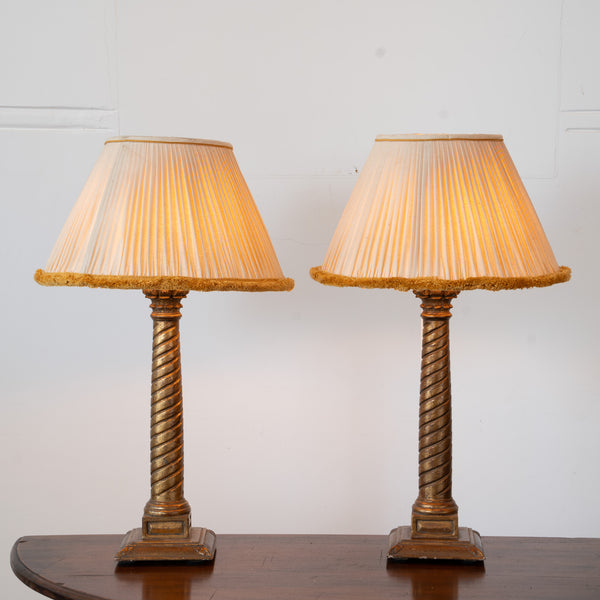 A Pair of Giltwood Spiral-Turned Table Lamps in the Spanish Baroque Taste