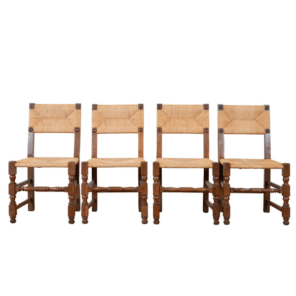 A Set of Four French Oak and Rush Side Chairs, Mid-20th Century